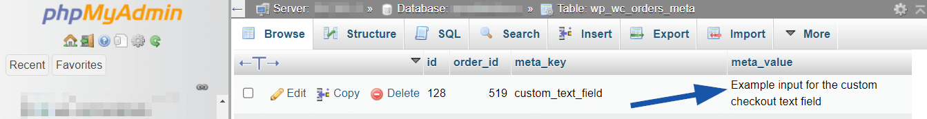 Example of a meta value for a custom checkout text field in phpMyAdmin