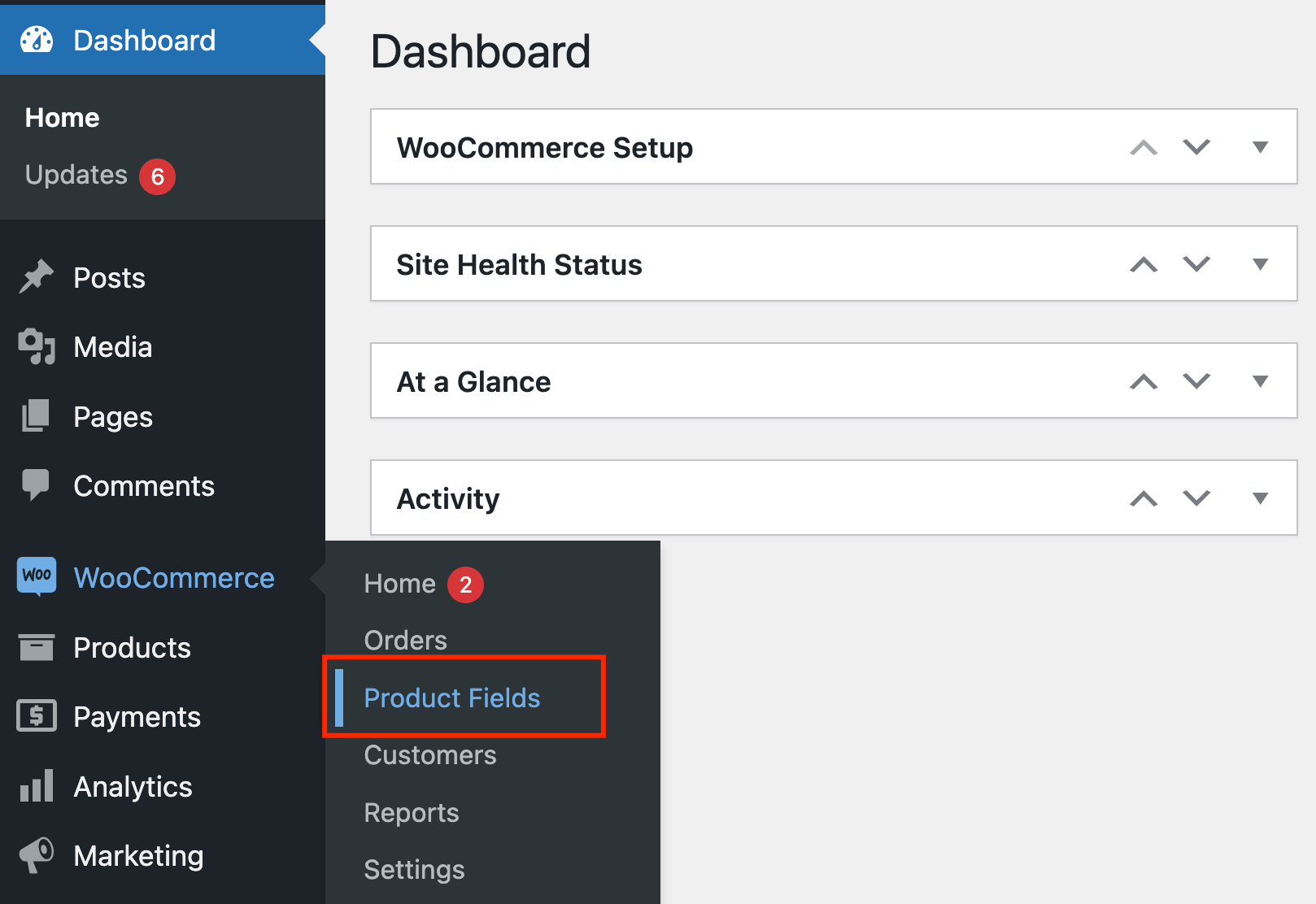 Navigating to the Product Fields tab in WooCommerce