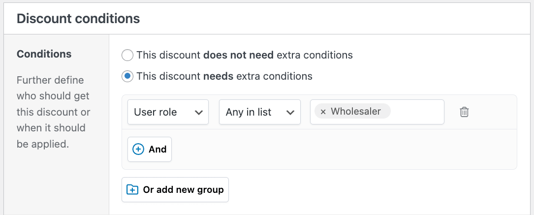 Adding a condition to apply a discount only to the wholesaler user role