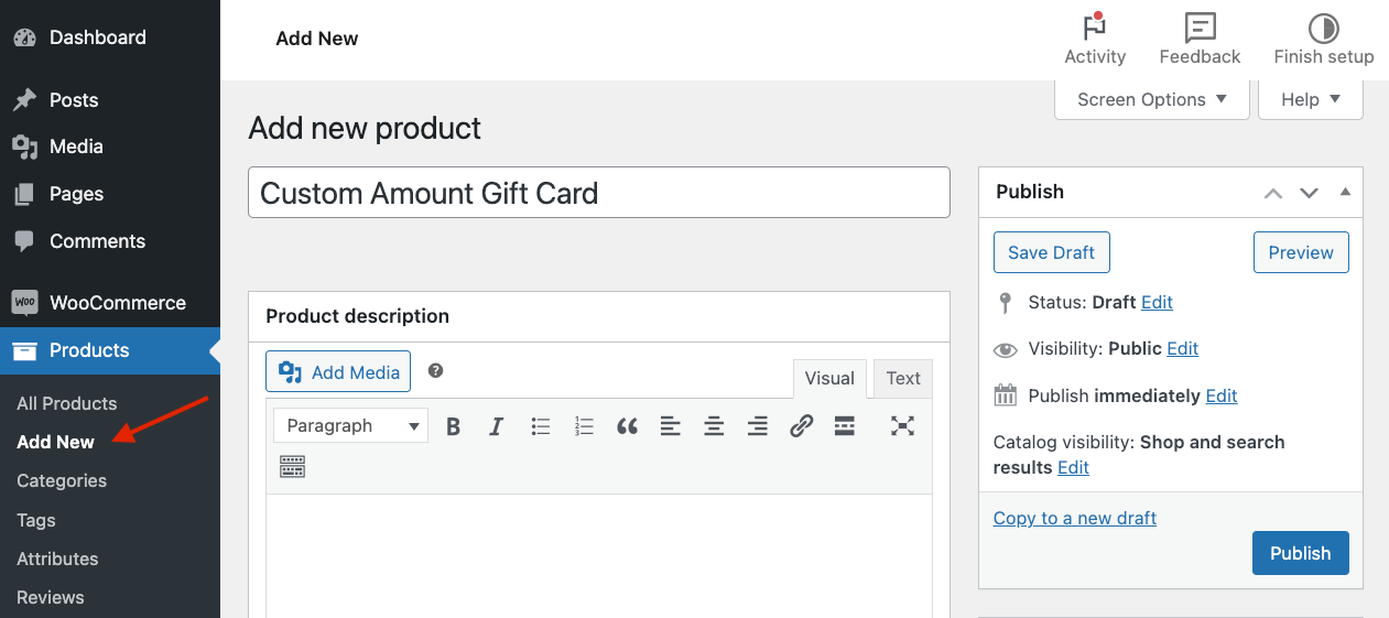 Adding a gift card product