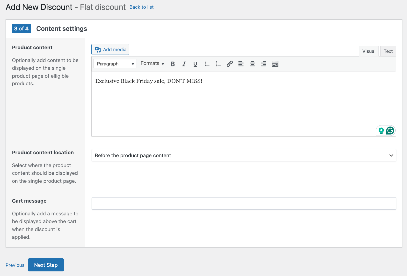 Content settings for a flat discount