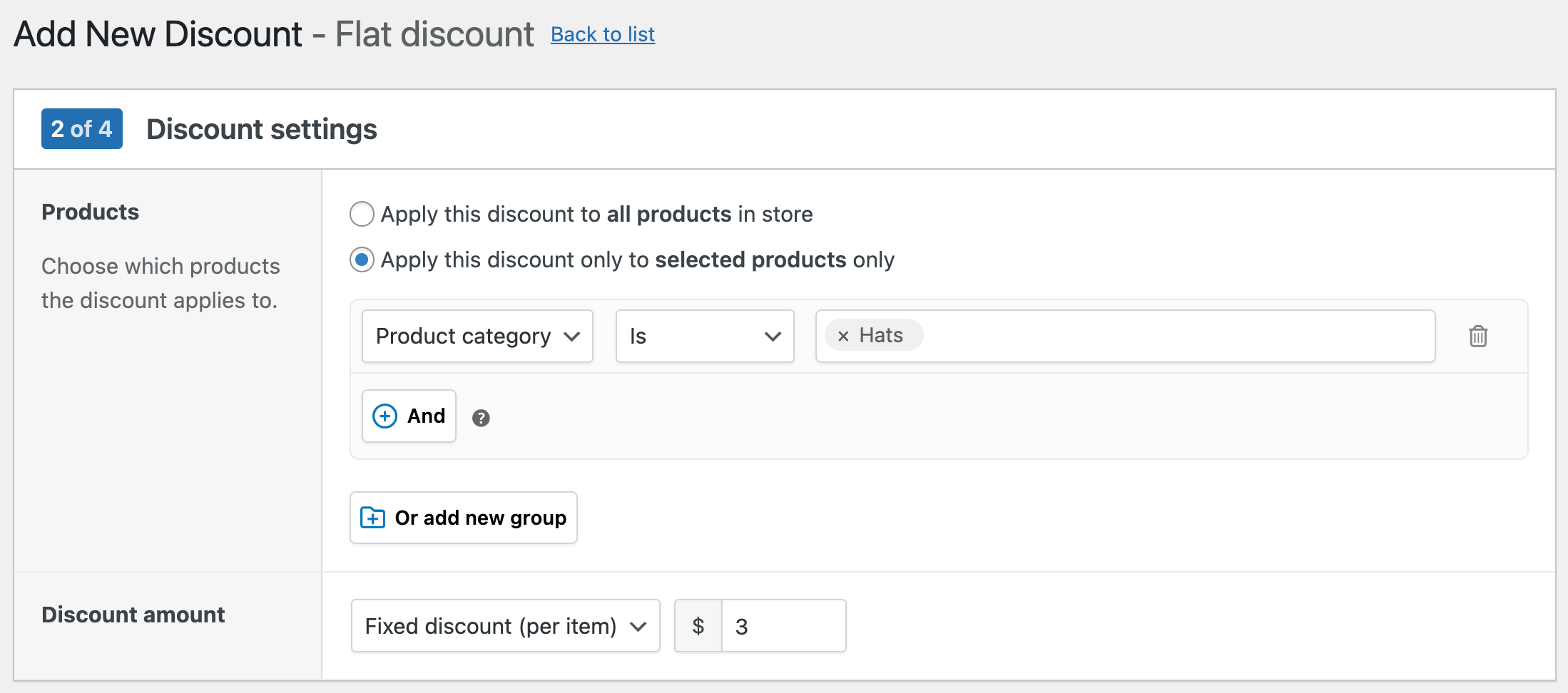 Flat discount product settings