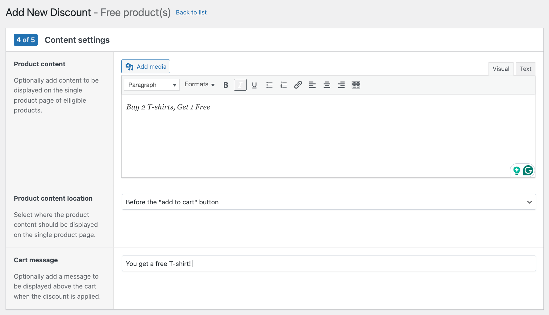 Free product(s) discount content settings