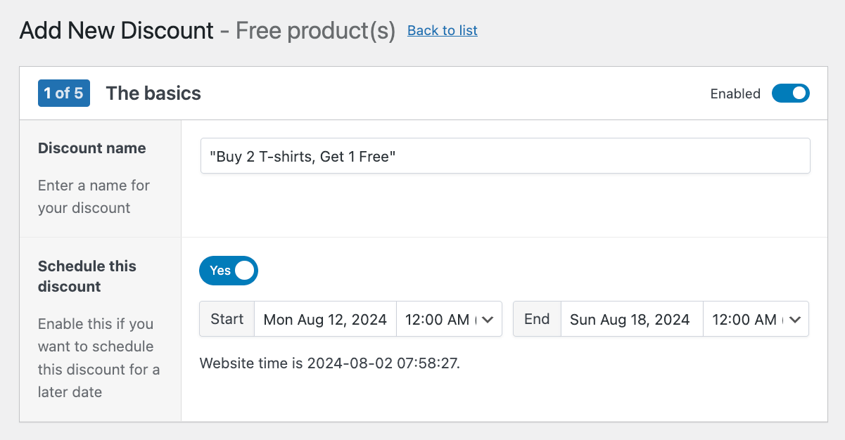 Free product(s) discount name and schedule