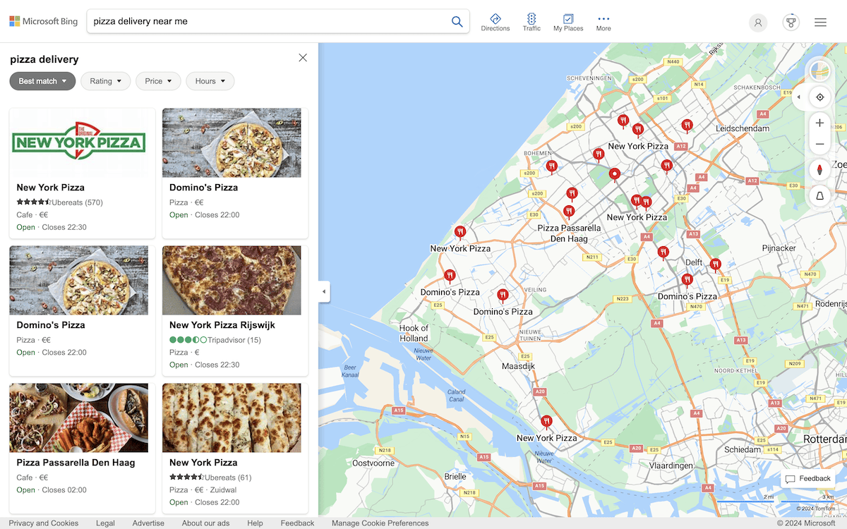 A Bing Maps result for “Pizza delivery near me”. It shows a sidebar full of businesses, and locations on the map on the right-hand side.