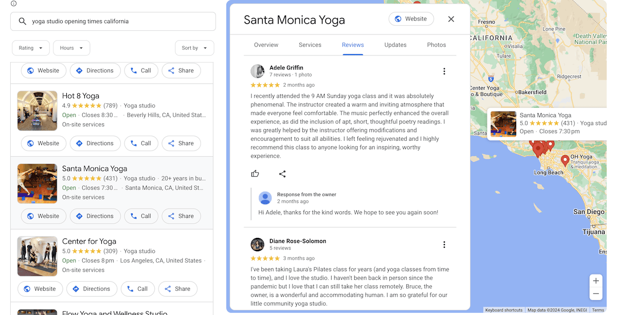 Reviews for a yoga studio on Google Maps that specifically mentions times of attendance.