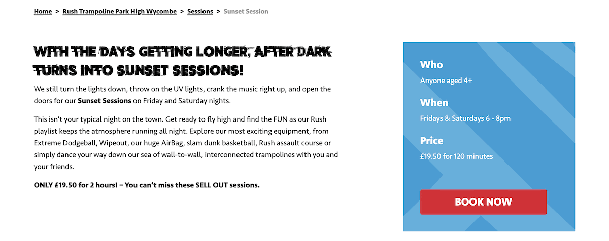 Content for a business that provides distinct sessions for evening attendance, along with a dedicated price and a booking Call To Action (CTA).