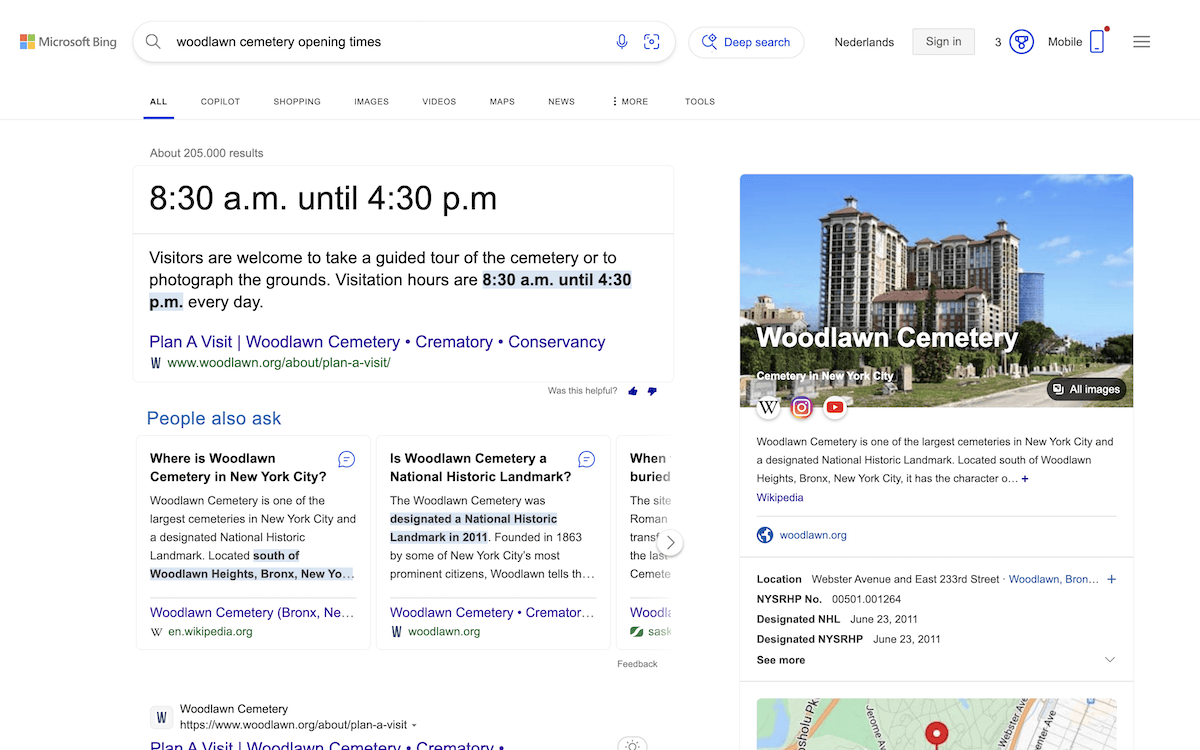 A Bing search showing the opening times for a location a a rich snippet, which is predominant in the search results.