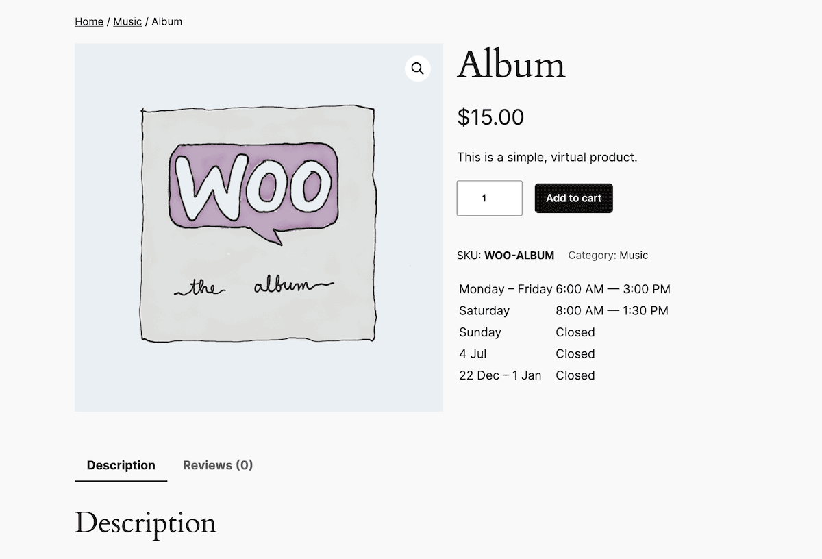 Displaying opening hours on a product page.