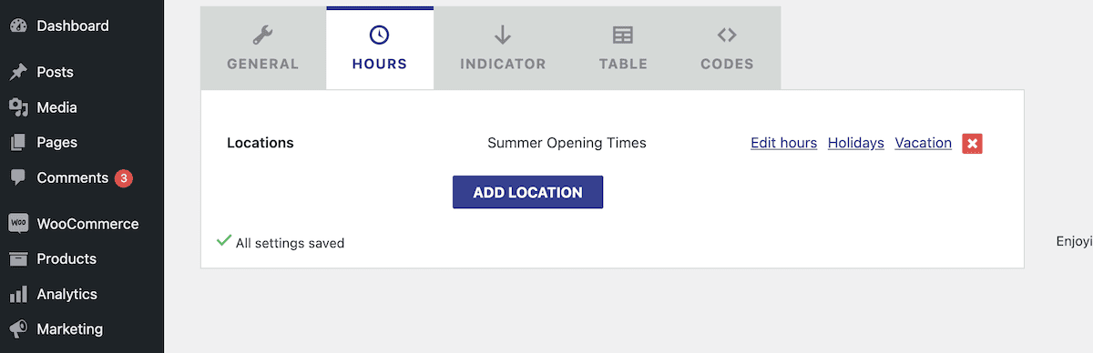 The Hours tab of the Business Hours Indicator Pro plugin, showing the Add Location button.