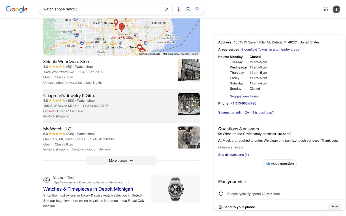 A Google search result for “watch shops detroit” showing the opening times for a particular business on the right-hand side of the screen.