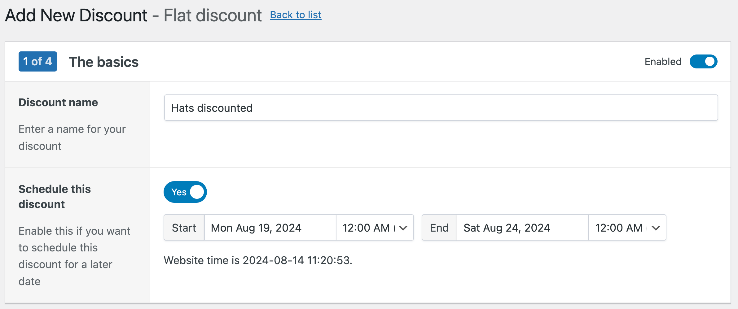 Flat discount name and schedule