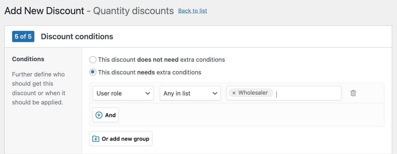 Conditions for a quantity discount