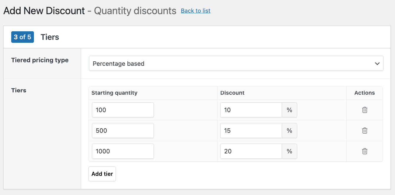 Tiered pricing conditions for a quantity discount