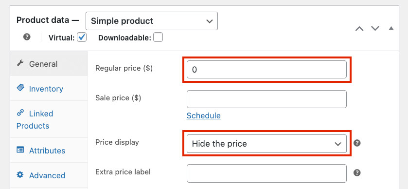 Price settings for a gift card product