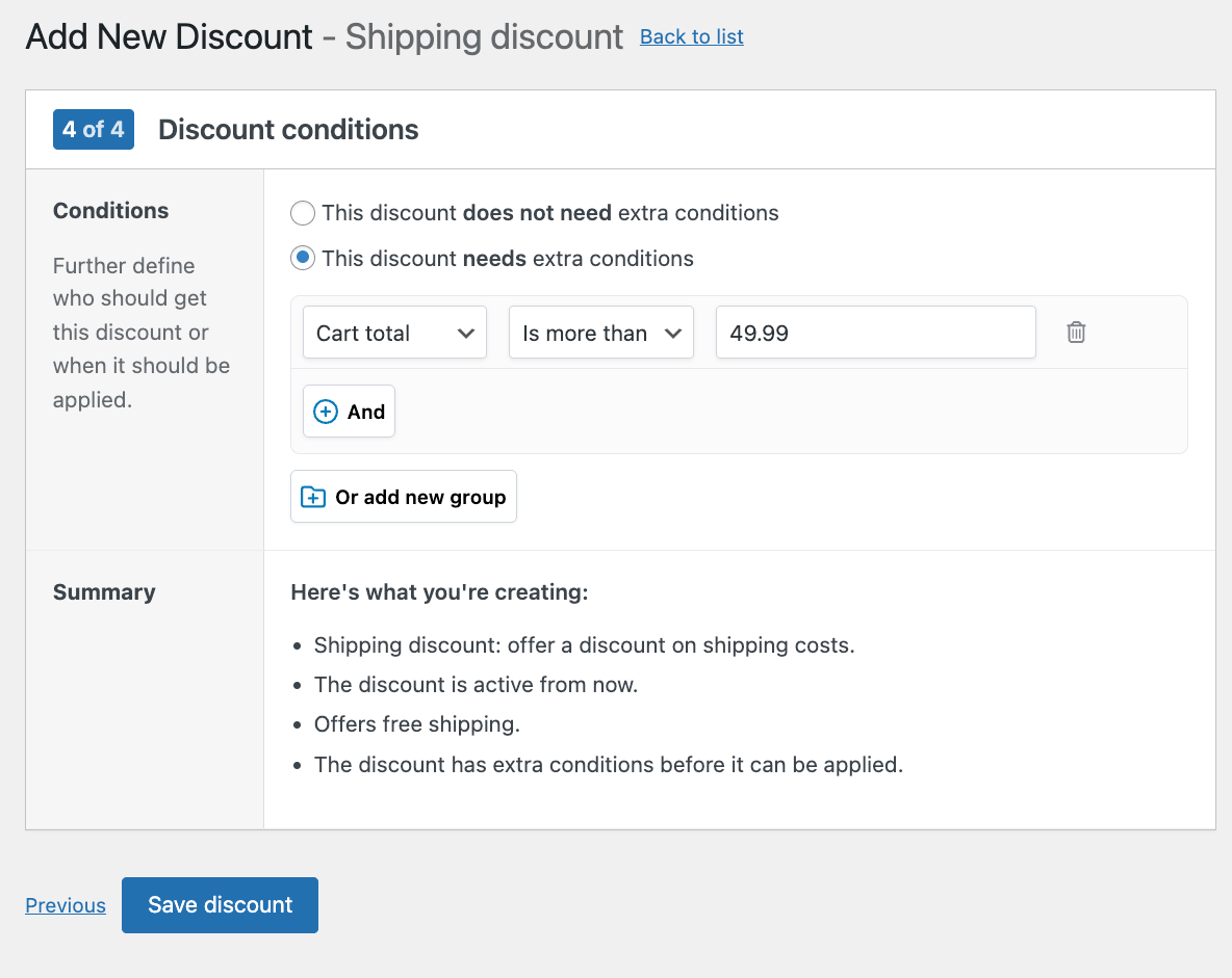 Setting the cart total minimum to $50 for free shipping to apply