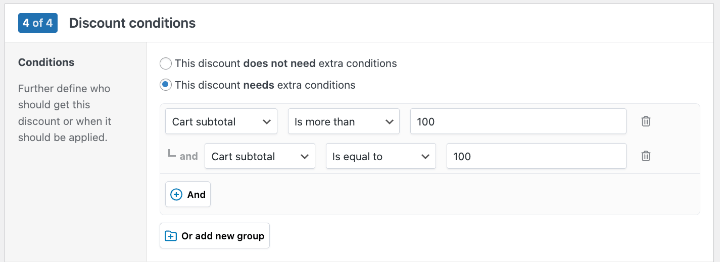 Adding a cart total minimum condition to a discount