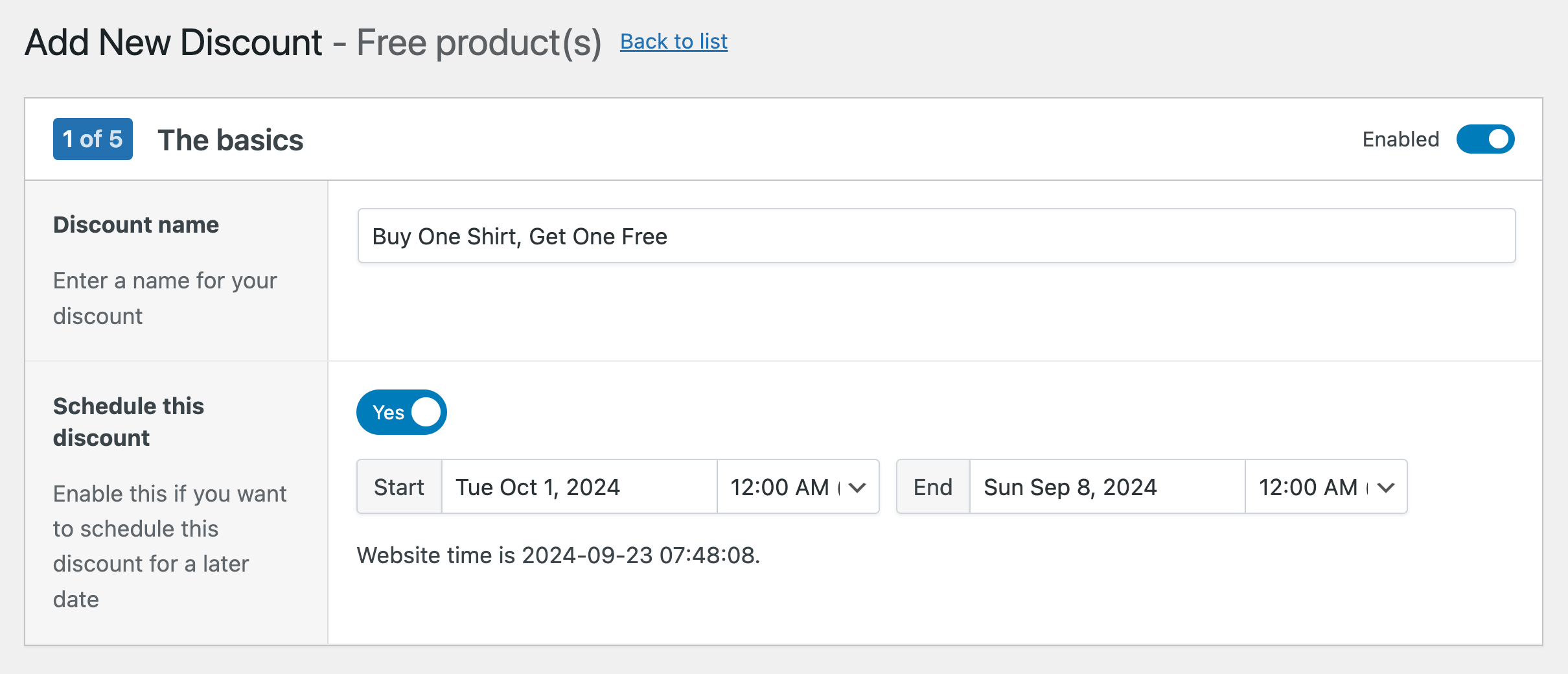 Naming and scheduling a free product discount