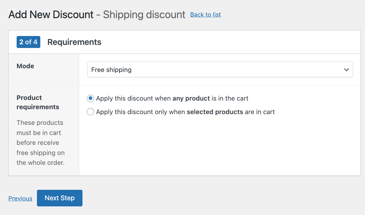 Setting the product requirements for a shipping discount