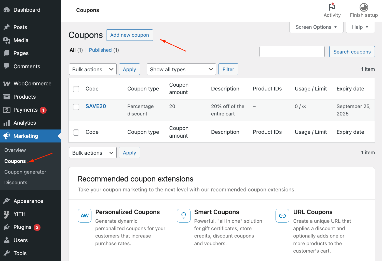 WooCommerce coupons tab and menu