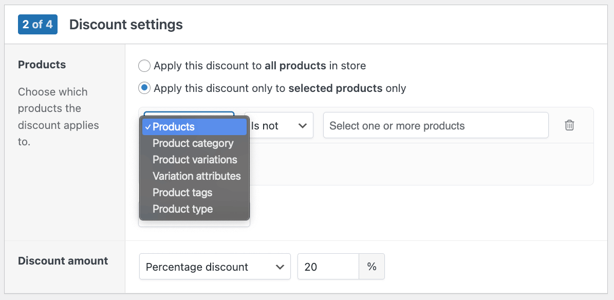 Different product conditions you can add to a discount