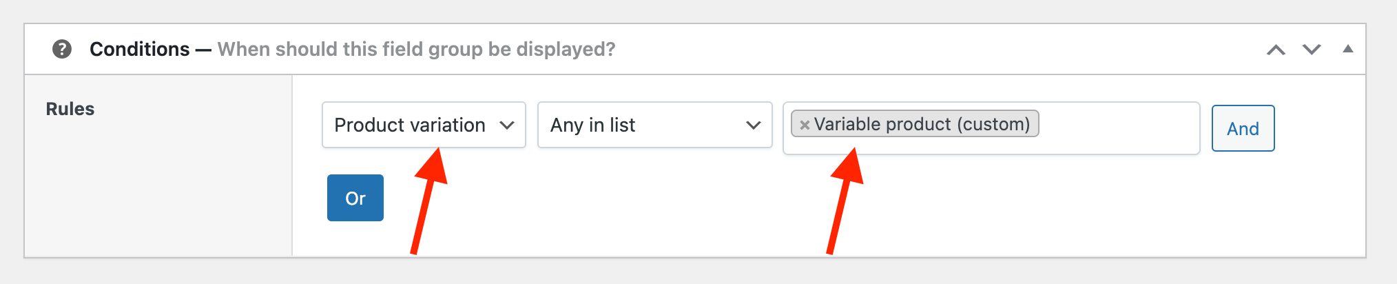 Select a single variation to display APF fields on