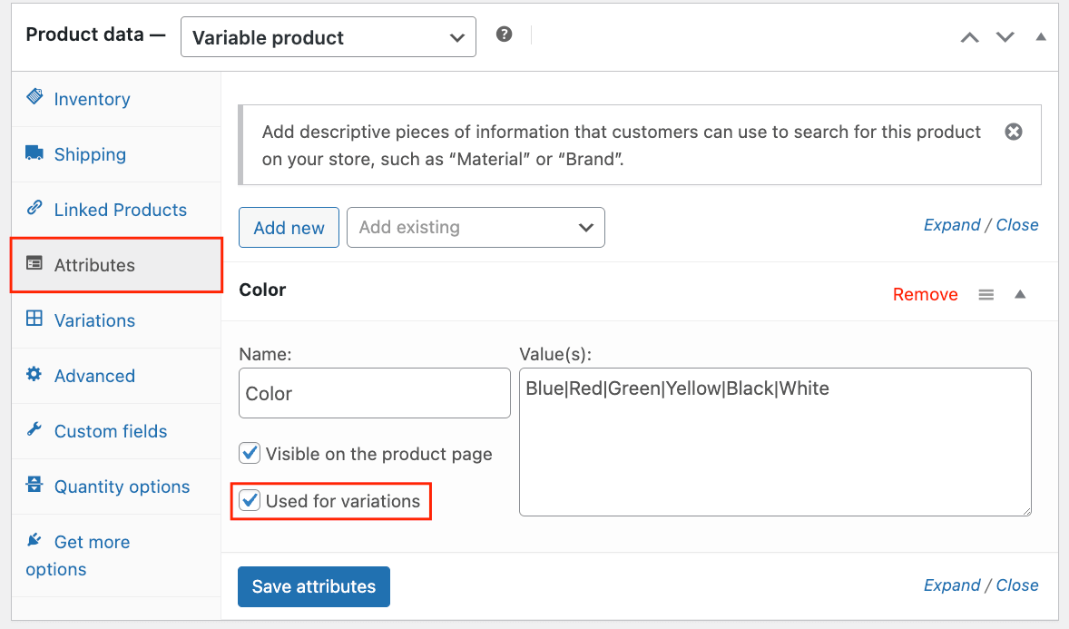 Adding product attributes