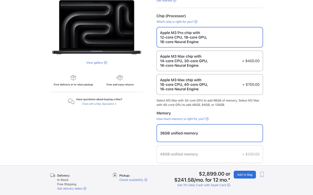 The Apple website showing customizations for a MacBook, each of which will affect the final price of the computer.