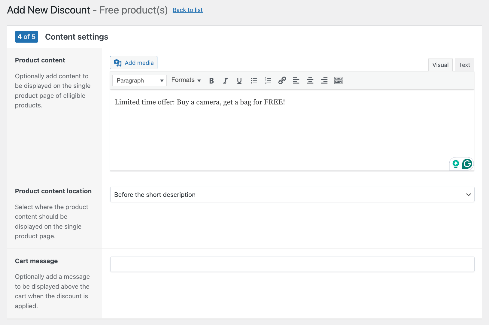 Content settings for a BOGO offer – product page and cart message
