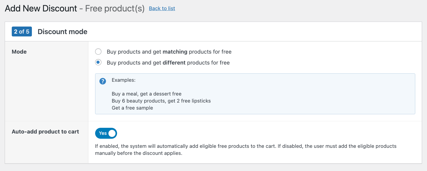 Choosing the type of free product discount – matching or different products