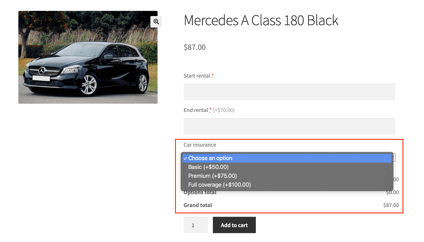 Car insurance options on the front end
