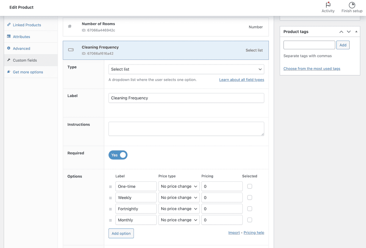 Adding a Cleaning Frequency field to a WooCommerce product.
