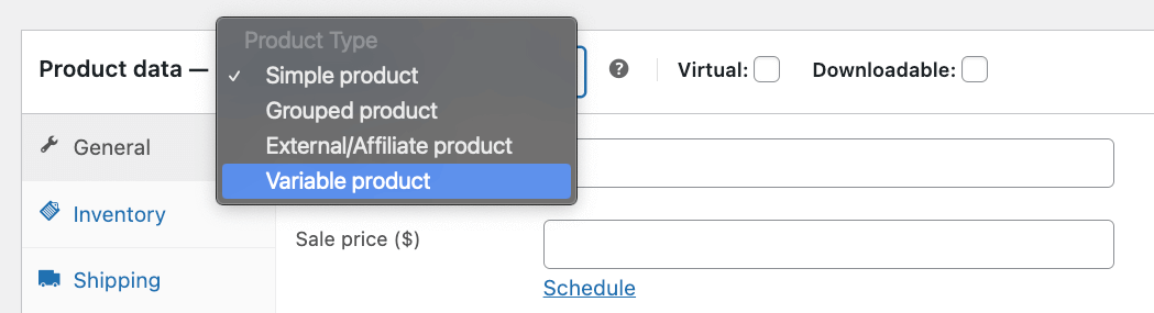 Creating a variable product