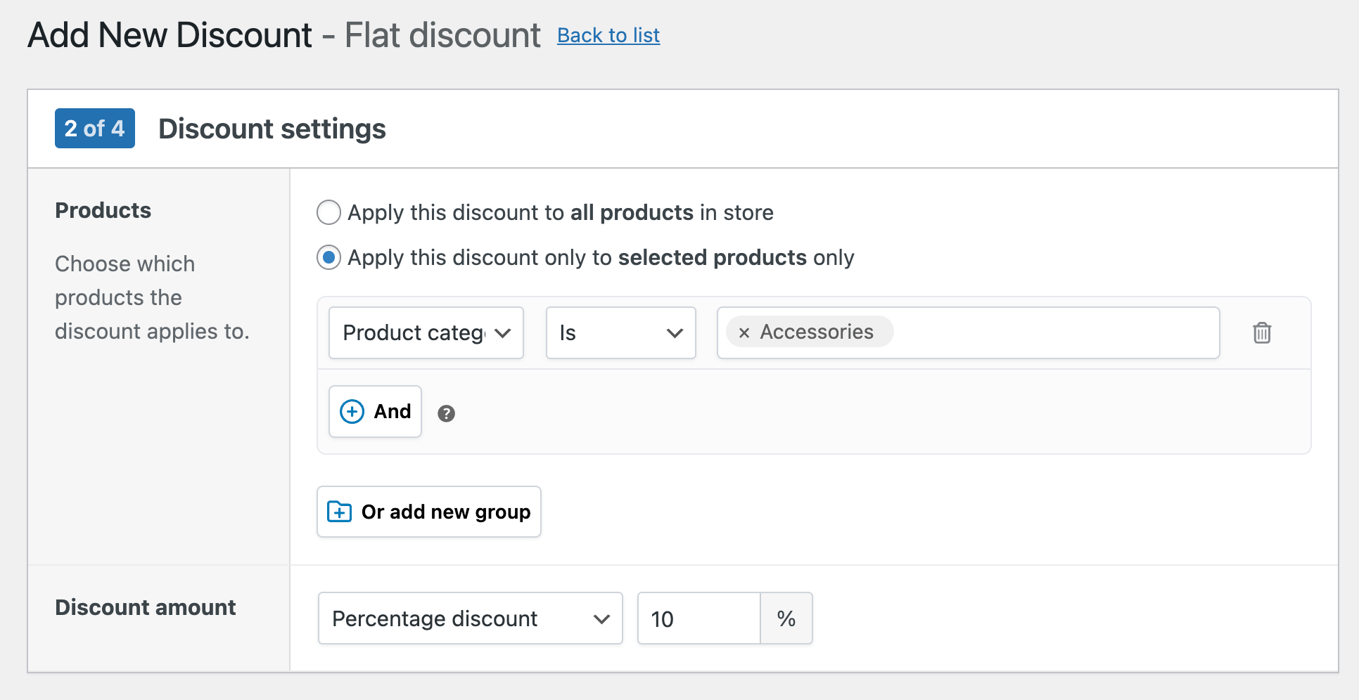 Restricting the discount to a specific product category and choosing the percentage