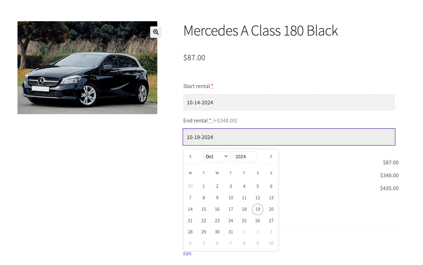 Date picker on the front end of a car rental