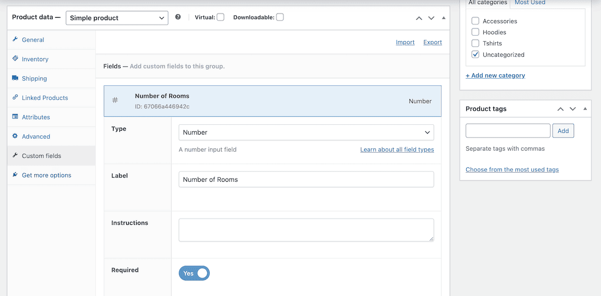 Creating a Number of Rooms field in Advanced Product Fields for WooCommerce.