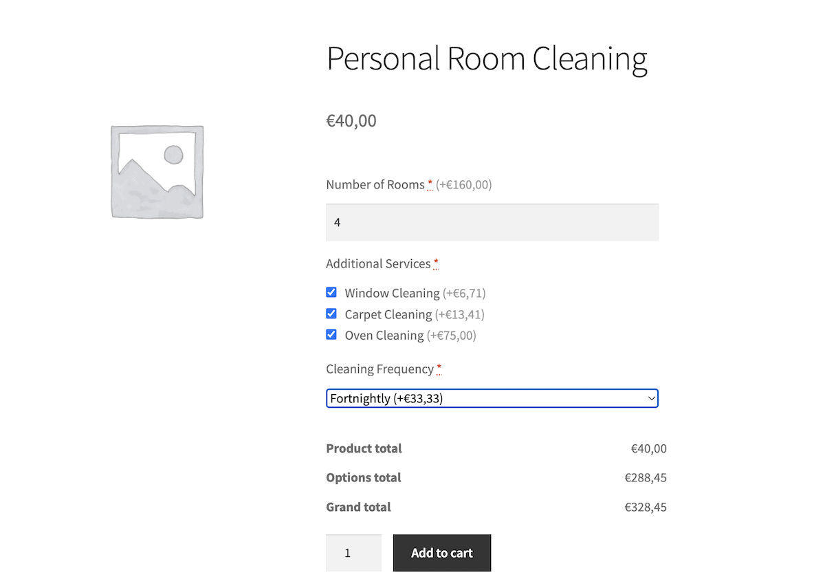 A WooCommerce price calculator on the front end of a website.