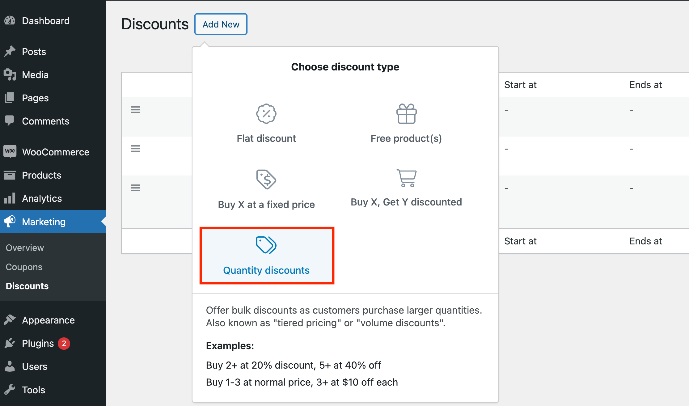 Choosing the “Quantity discounts” type