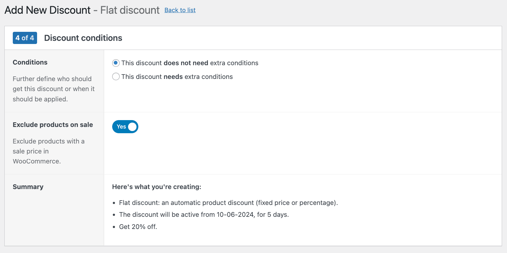 Flat discount extra conditions and summary page