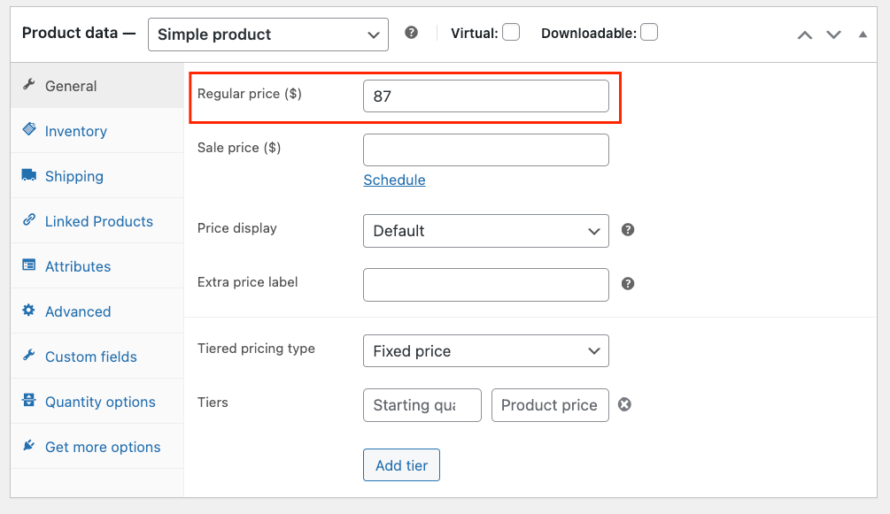 Setting the regular price for a simple product