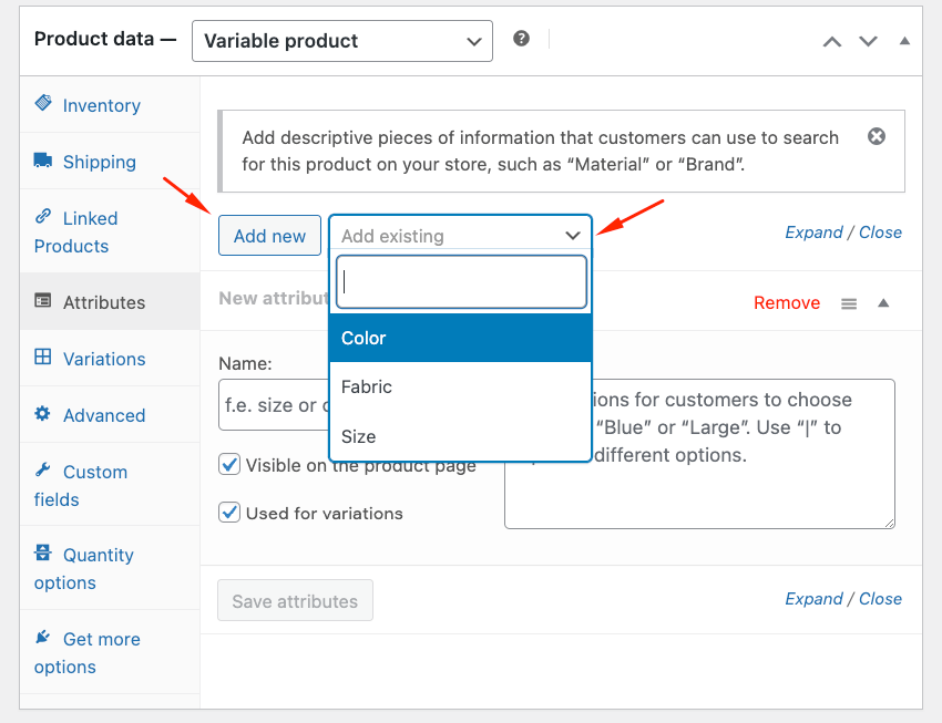 Adding existing attributes to a variable product