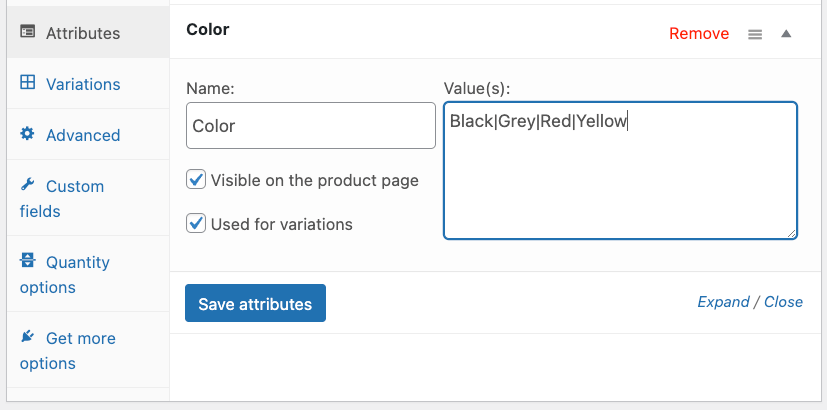 Creating attributes for a variable product