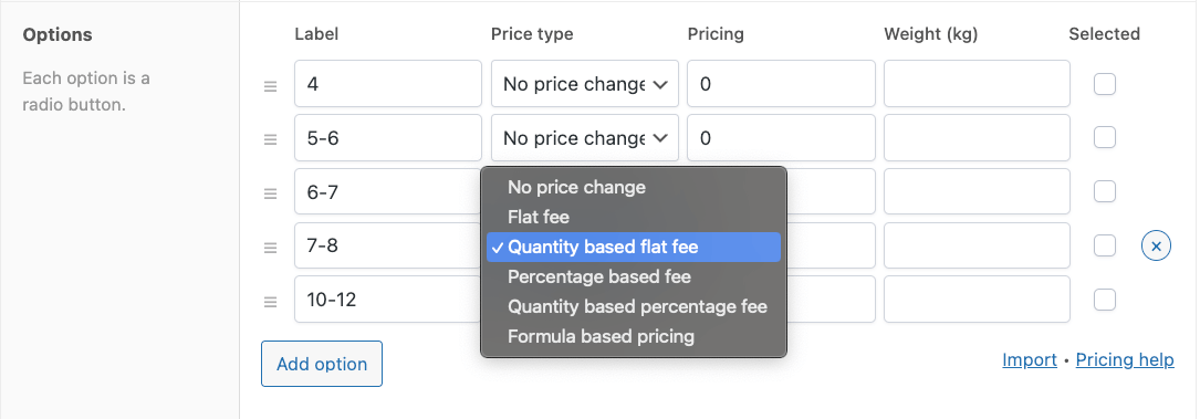 Different pricing options for radio-button options