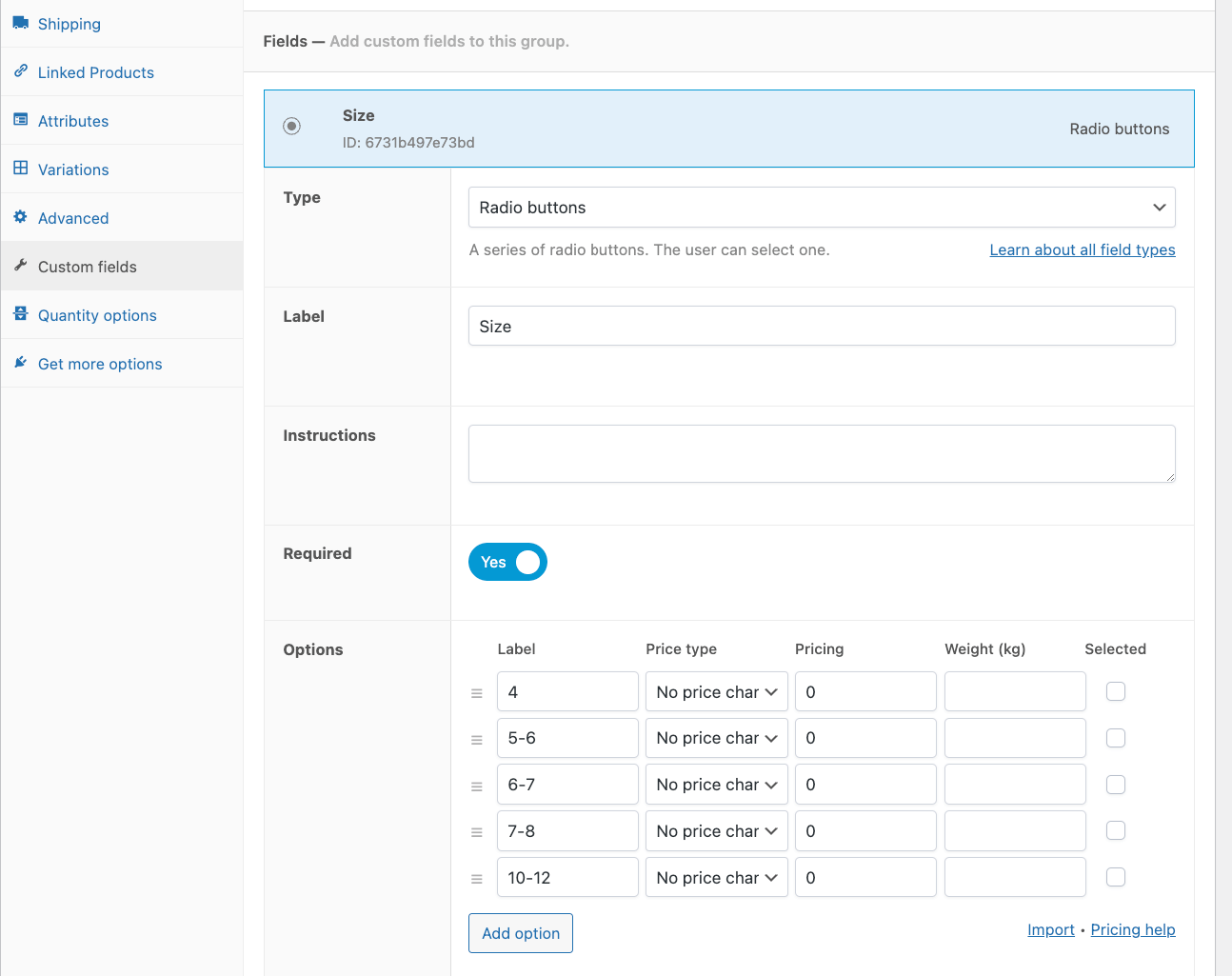Adding radio-button options to a custom field