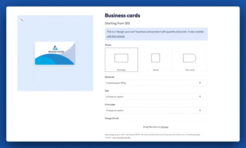 Example of a business card product with different options that change the final price