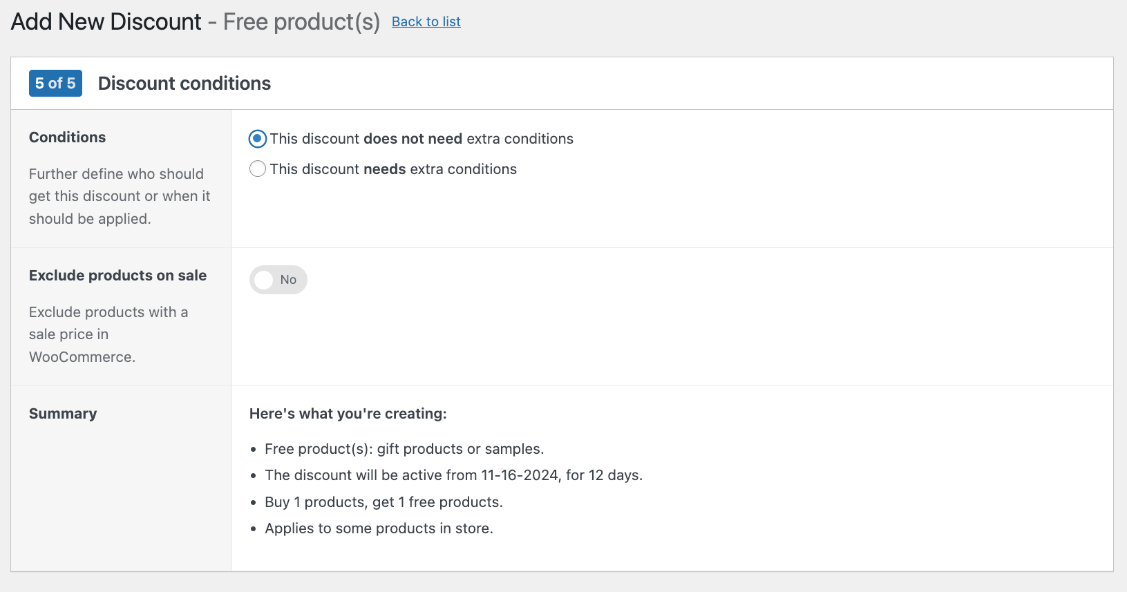 Extra conditions and summary tab
