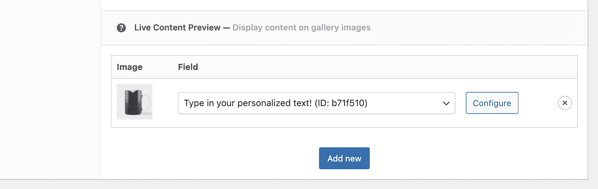 The Live Content Preview section of the Product data metabox, showing the Configure button.