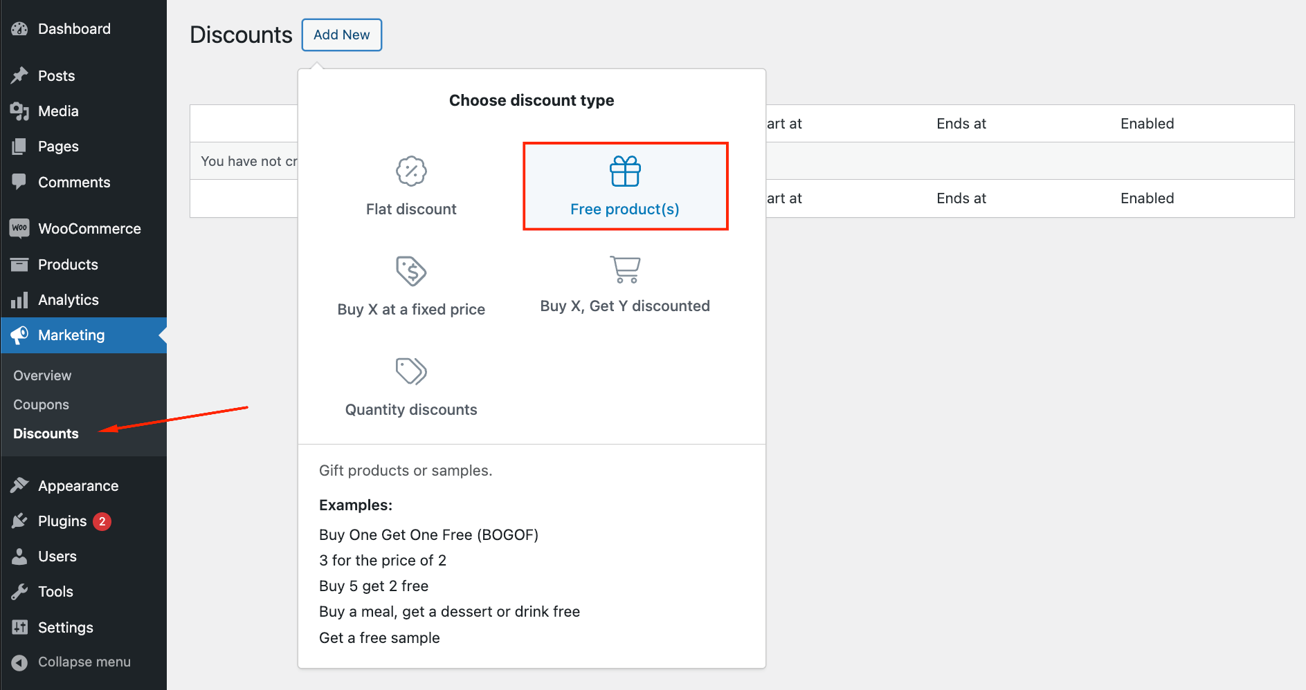 Choosing the “Free product(s)” discount type