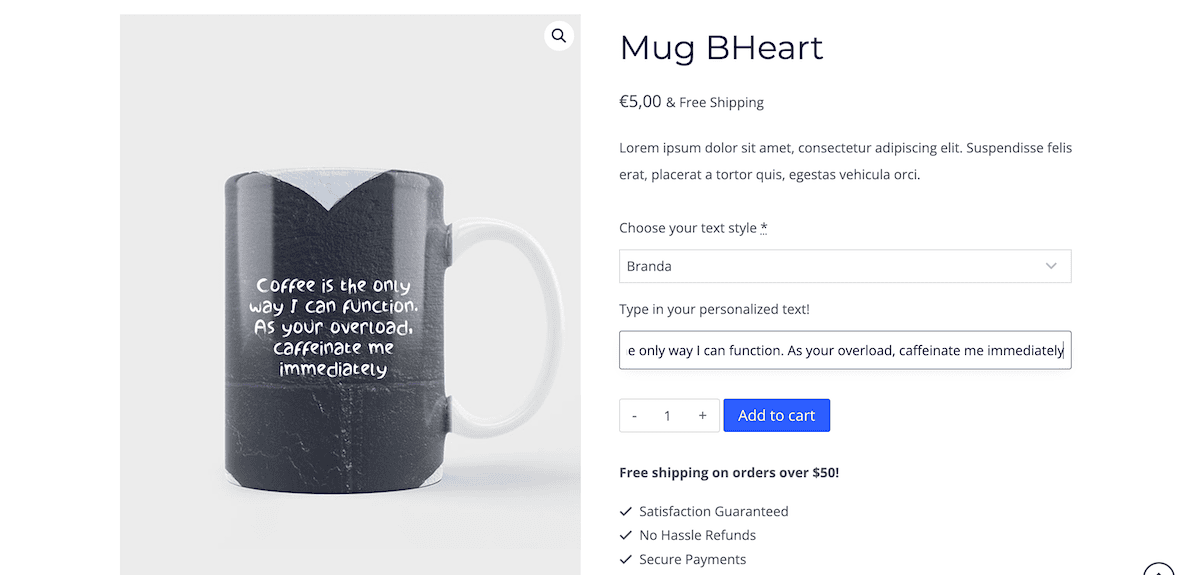 The product page front end showing that the text aligns with the choice of font from the drop-down list.
