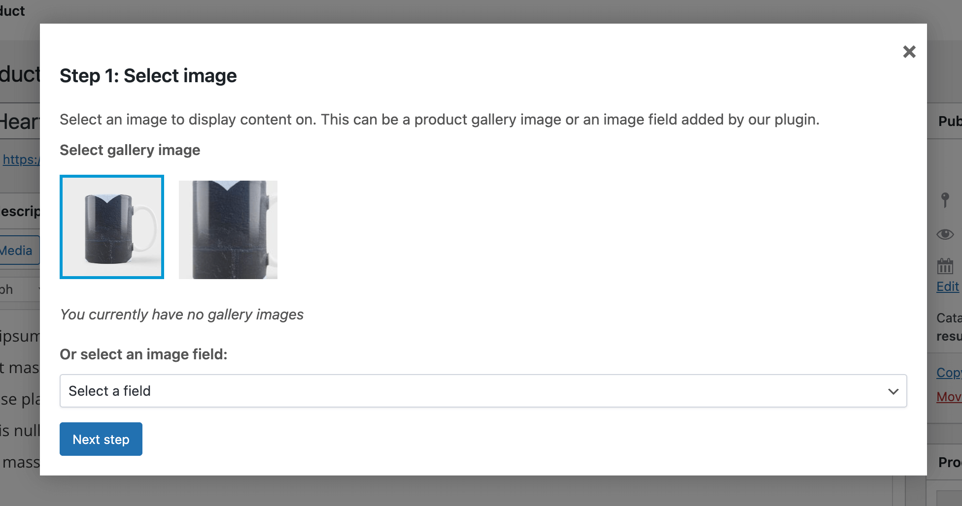 Step 1 of the live preview configurator in the WooCommerce product backend